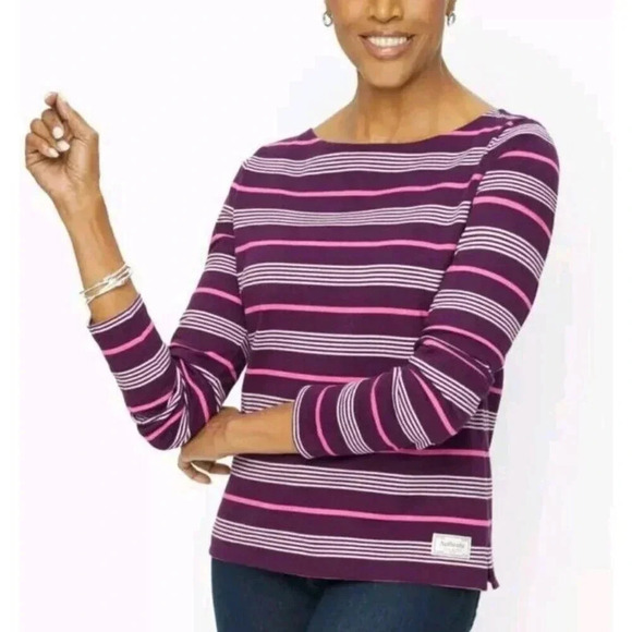 Authentic Talbots 100% Cotton Sweater Petite LP Multicolor Striped Long Sleeve - Picture 1 of 9
